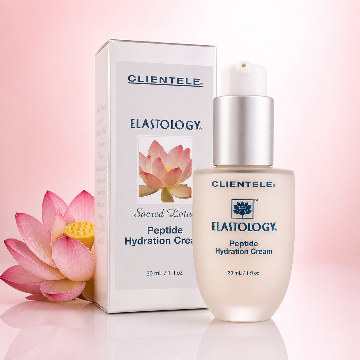 Clientele Elastology Sacred Lotus Peptide Hydration Cream with its box and a lotus flower