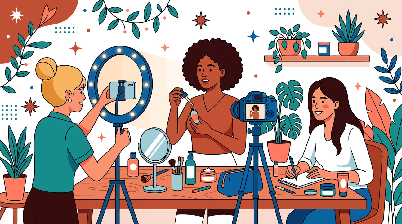 Illustration of beauty creators filming skincare content with ring lights and cameras