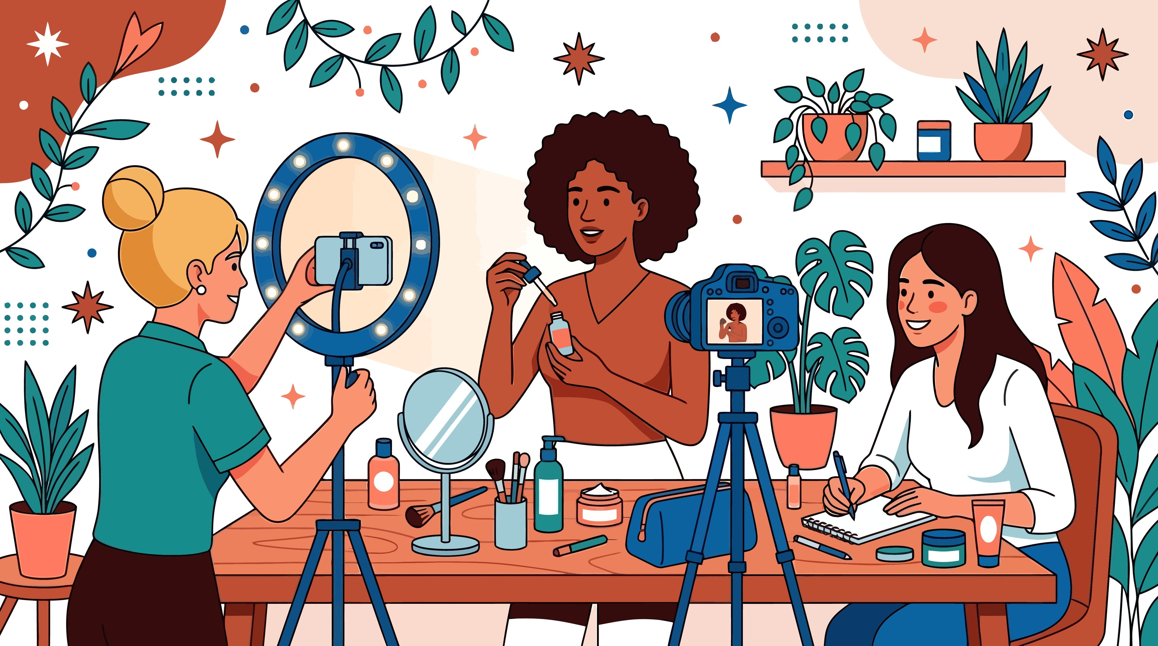 Illustration of beauty creators filming skincare content with ring lights and cameras