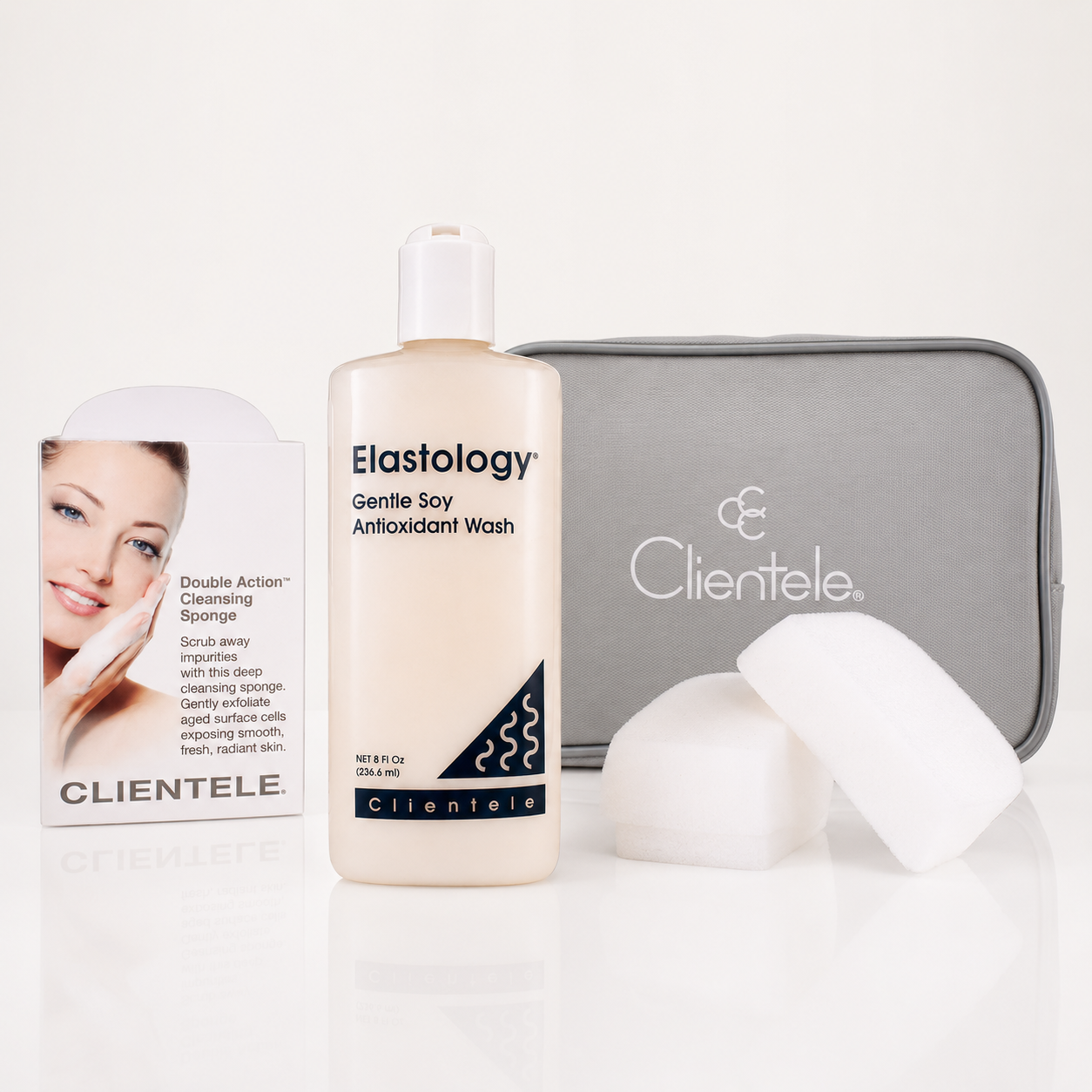 Clientele Elastology Gentle Soy Antioxidant Wash with Double Action Cleansing Sponges and travel case