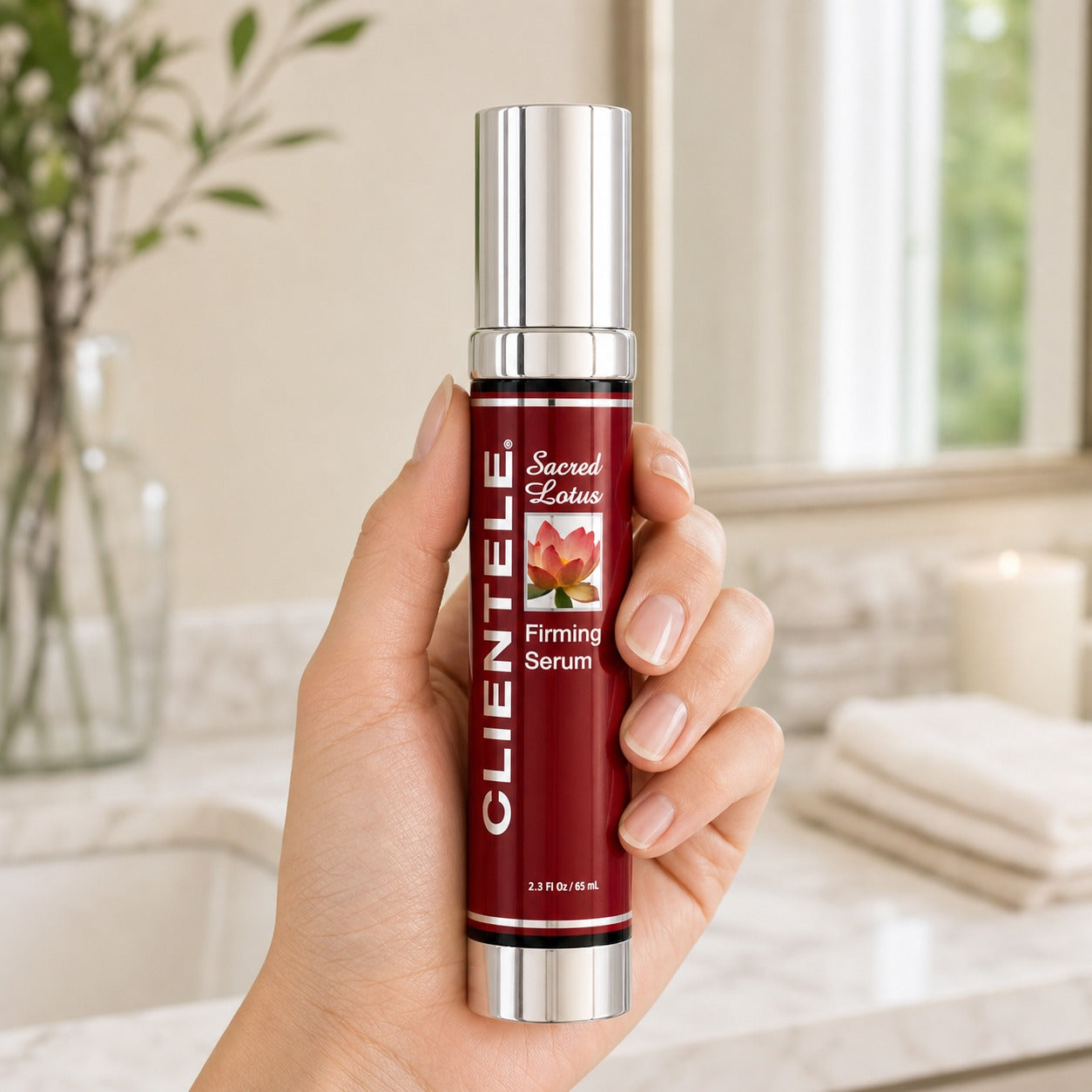 Sacred Lotus Firming Serum in hand — true 65 mL size
